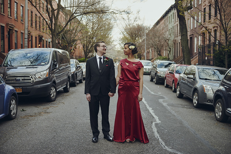 bride and groom on street