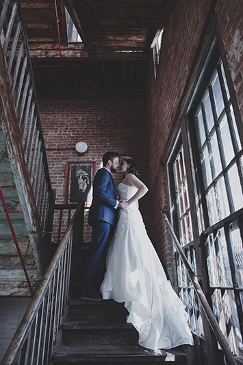 bride and groom on the stairs