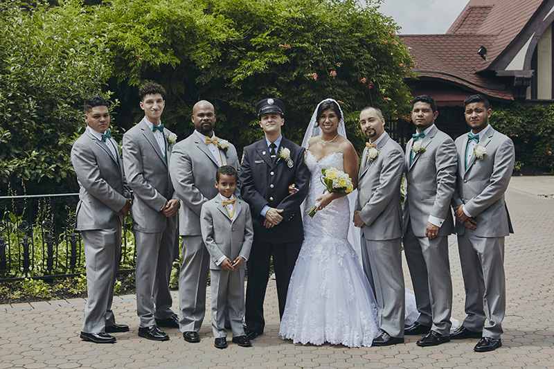 bride and groom with groomsmen