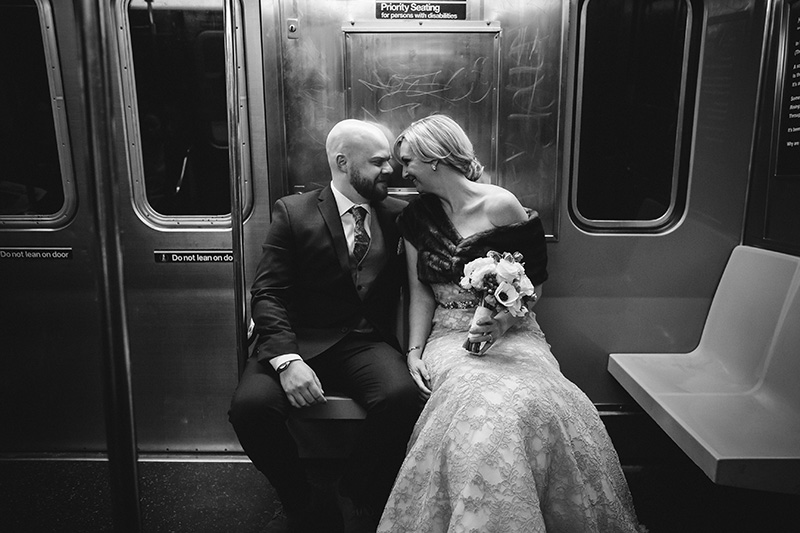 bride and groom in the subway