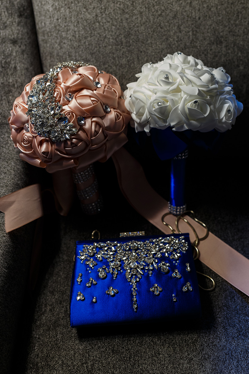 wedding bouquet and purse