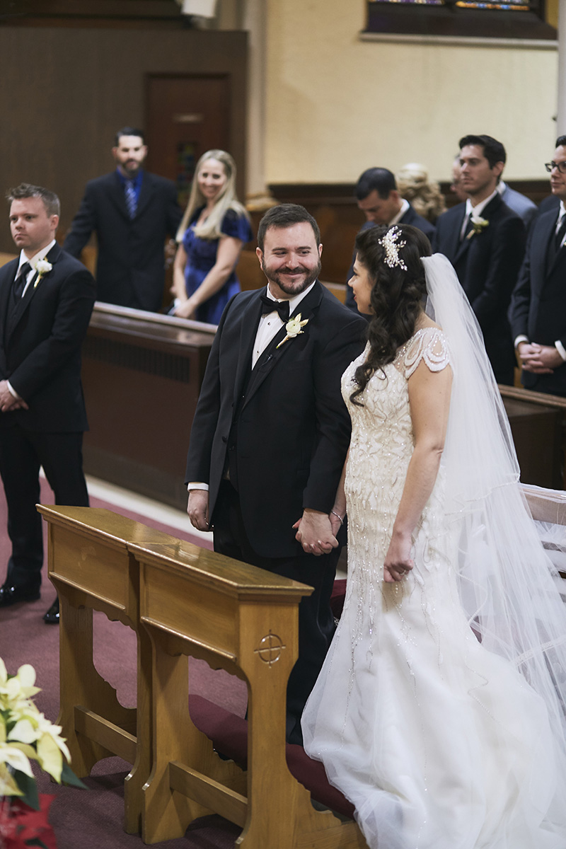 bride and groom at church