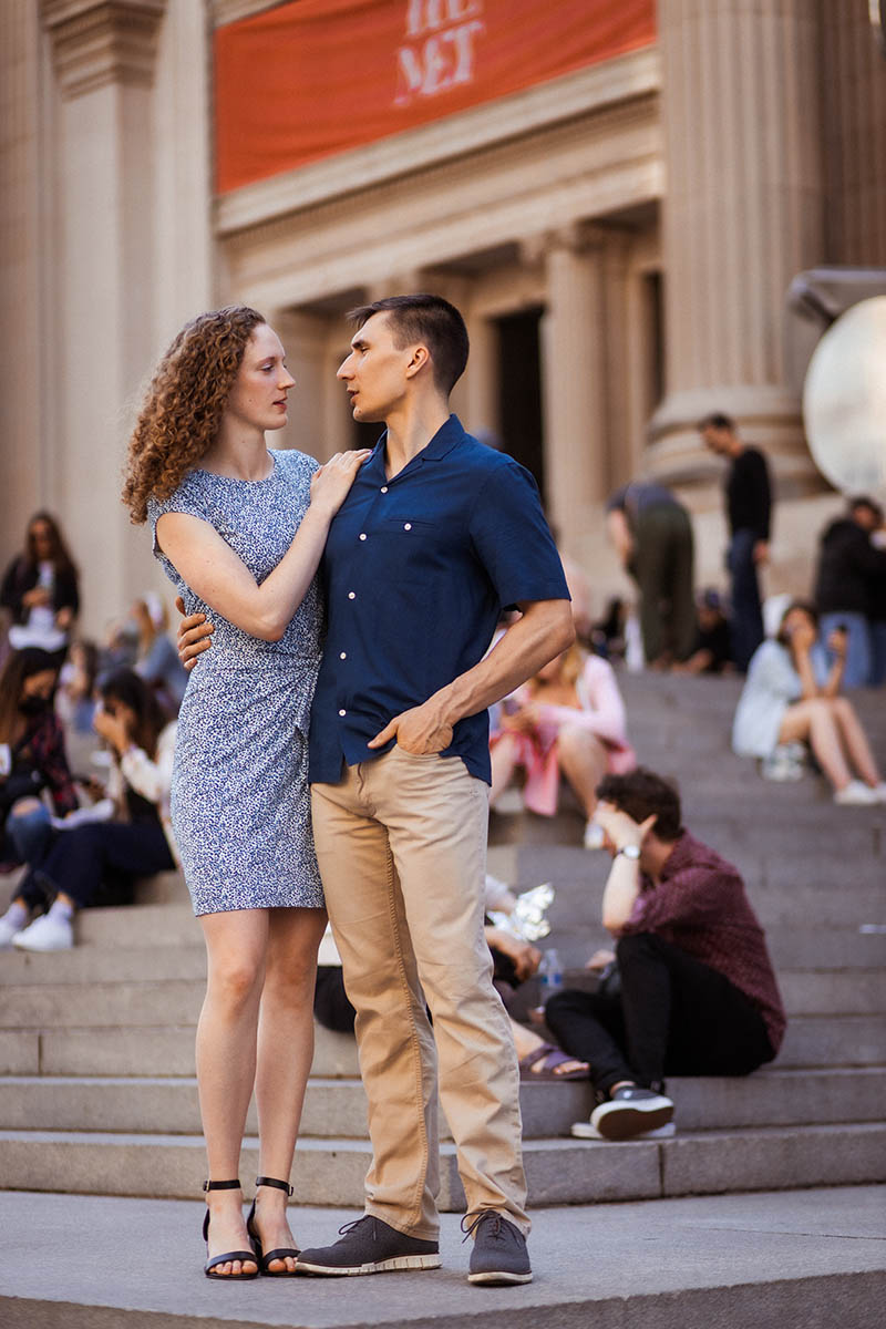 Engagement photos on Met Museum staircase