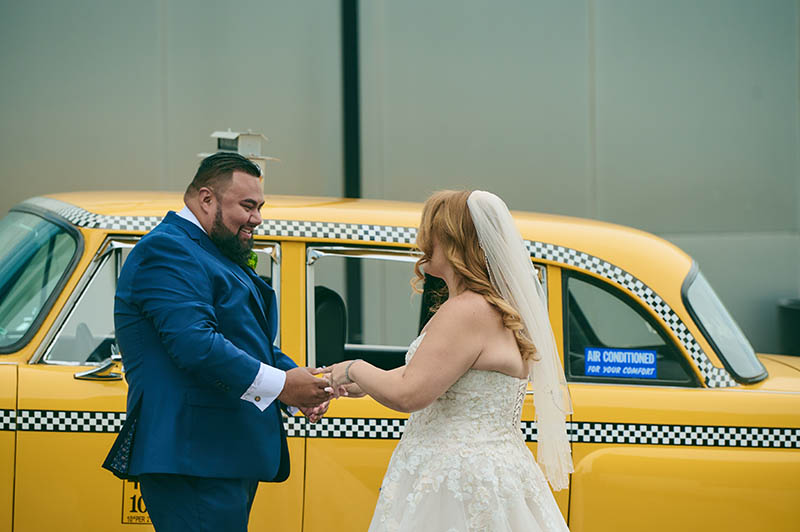 Wedding reveal with checkers cab