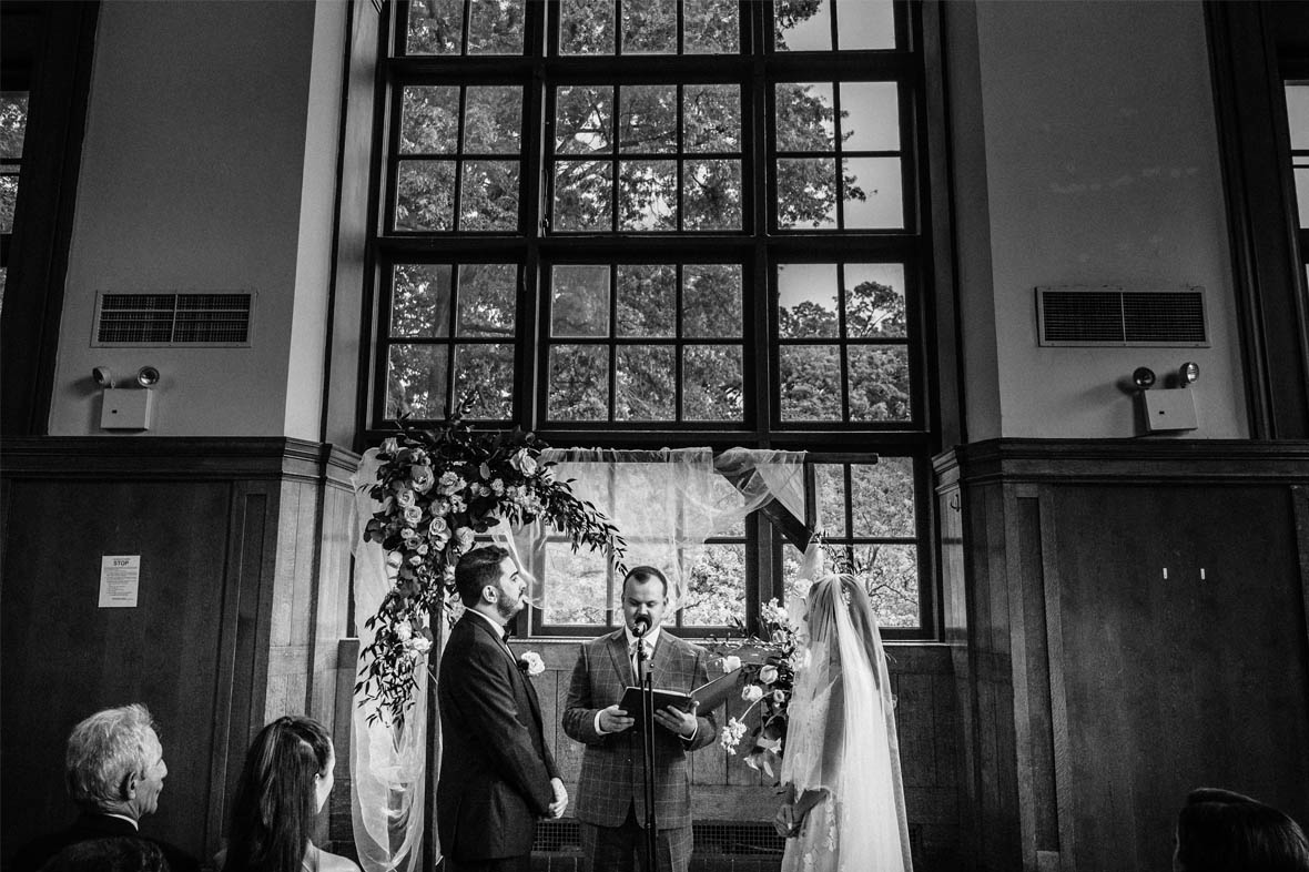 Black and white wedding ceremony photo