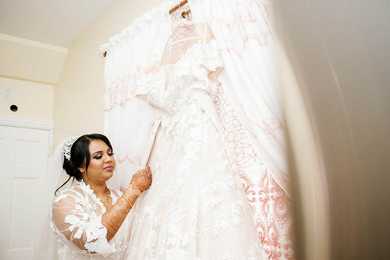 Bride checking out her wedding dress
