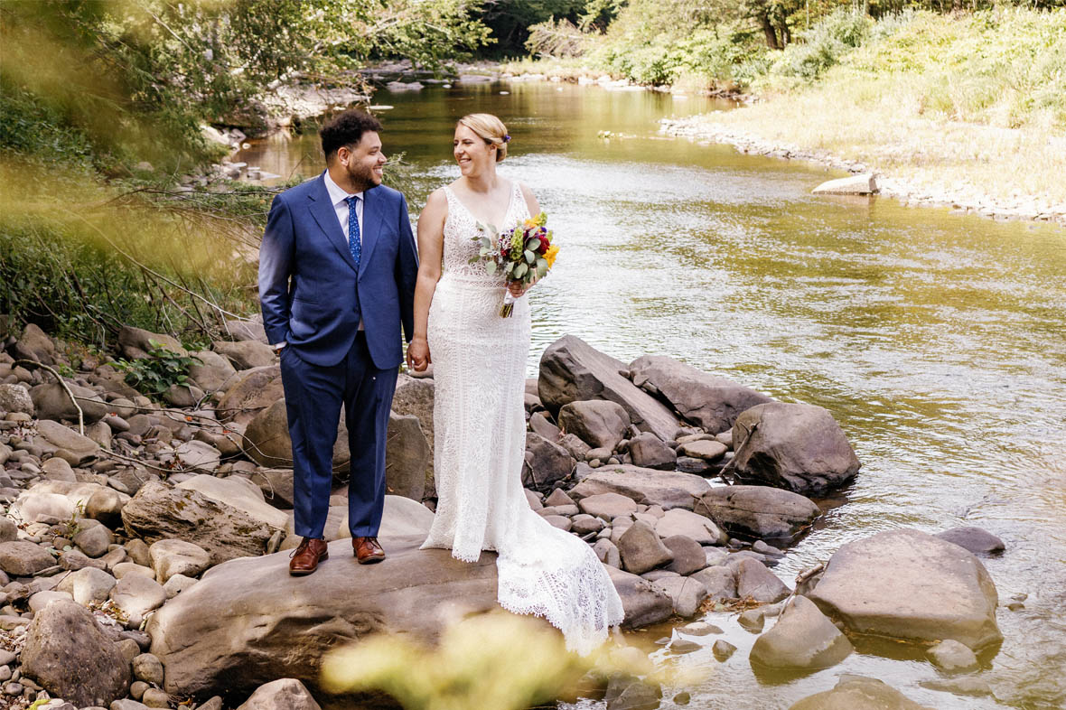 Bride and groom portrait by the water