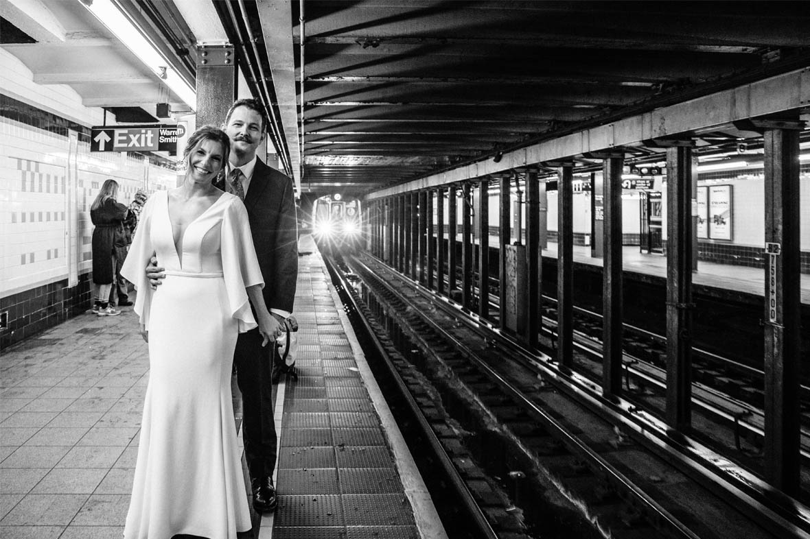 NYC subway wedding portrait